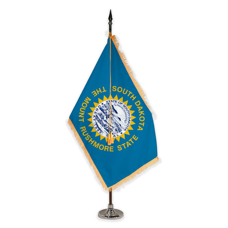 South Dakota deluxe oak indoor flag set with gold fringe on plastic stand