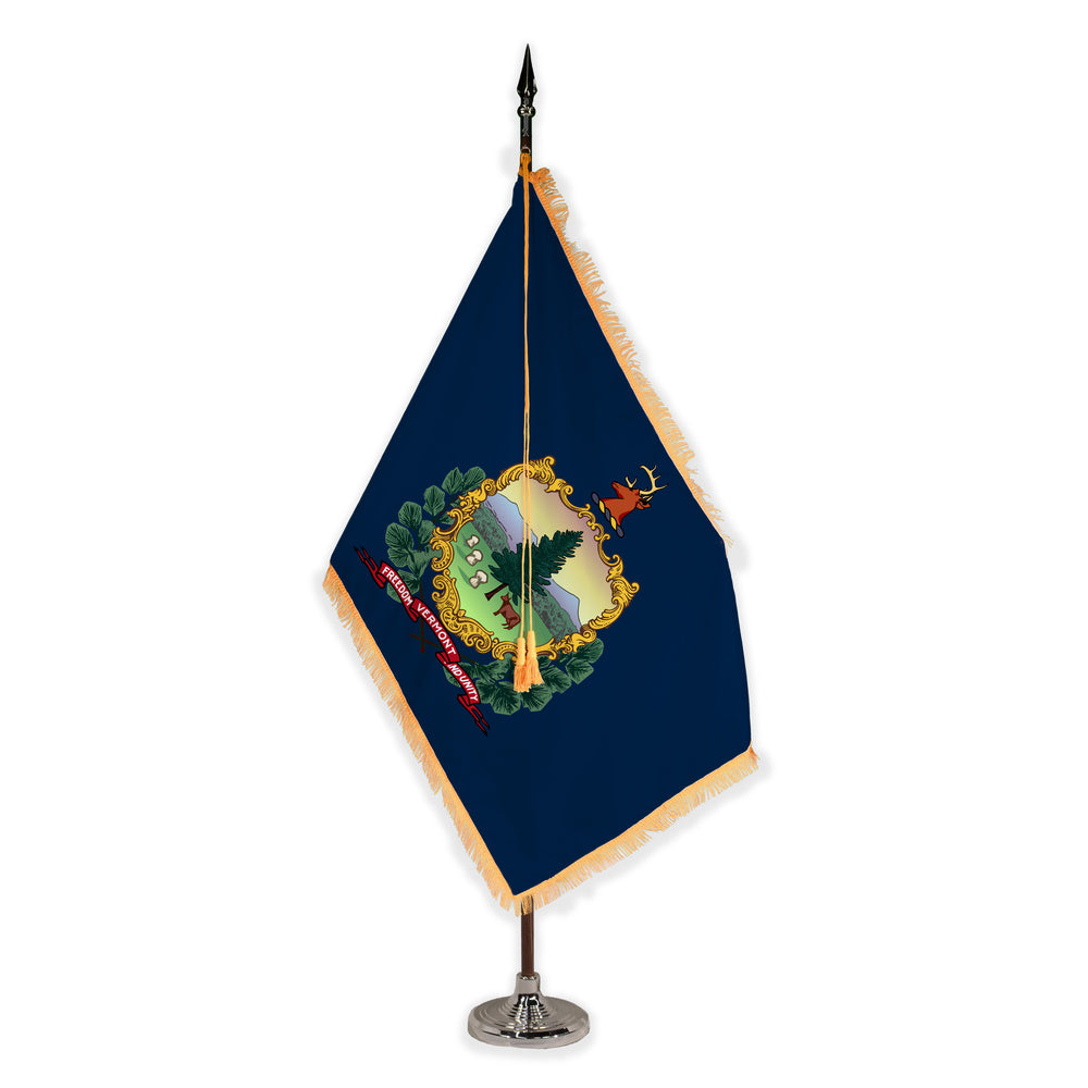 Vermont deluxe oak indoor flag set with gold fringe on plastic stand