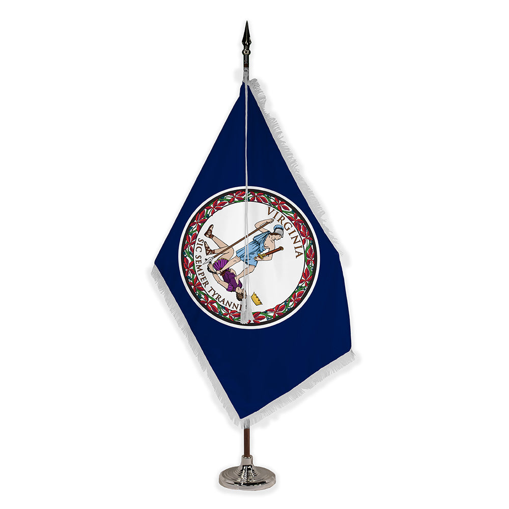 Virginia deluxe oak indoor flag set with white fringe on plastic stand