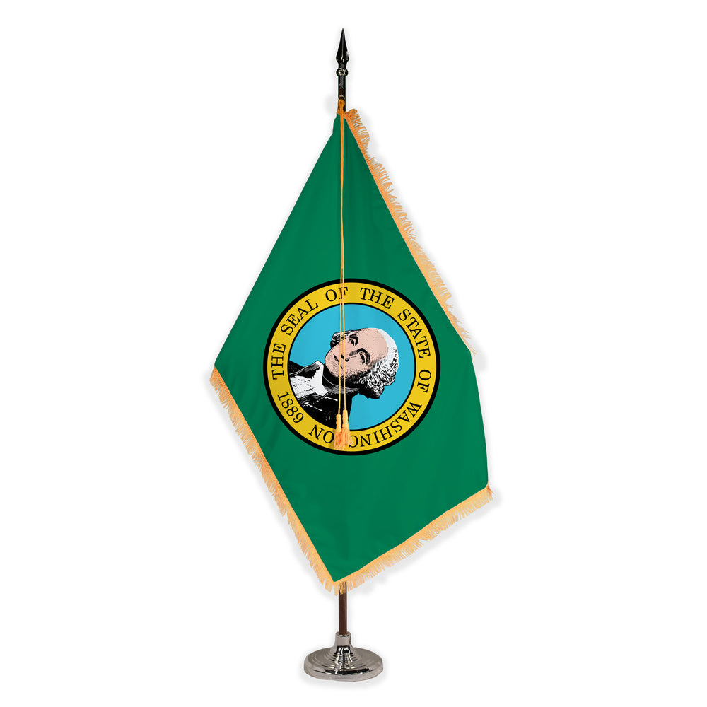 Washington deluxe oak indoor flag set with gold fringe on plastic stand