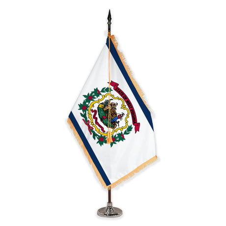 West Virginia deluxe oak indoor flag set with gold fringe on plastic stand