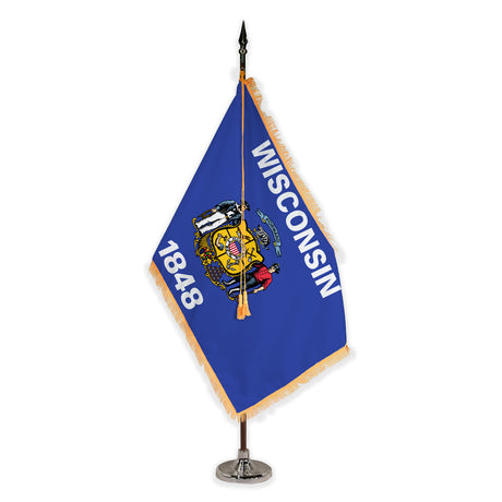Wisconsin deluxe oak indoor flag set with gold fringe on plastic stand