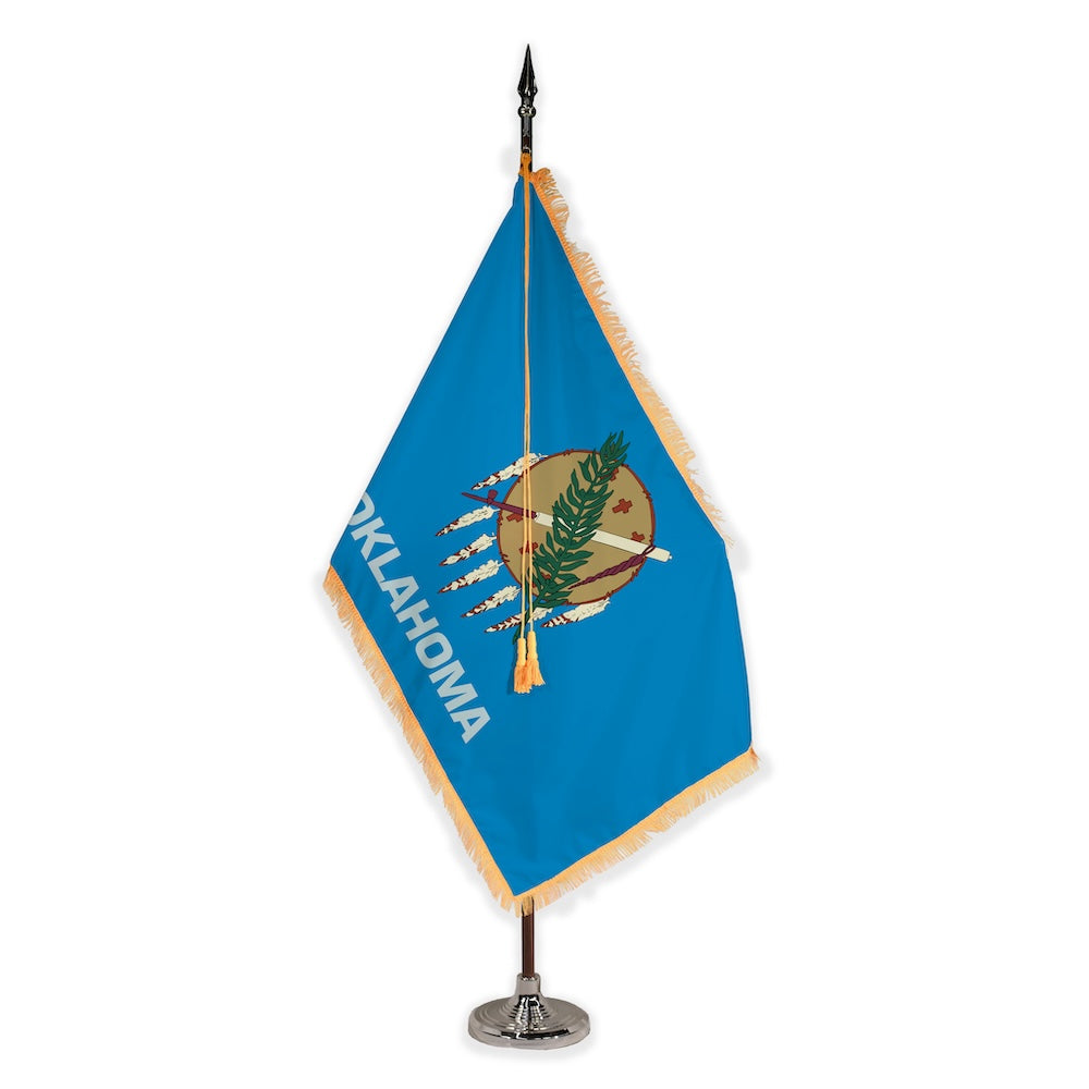 Oklahoma deluxe oak indoor flag set with gold fringe on plastic stand