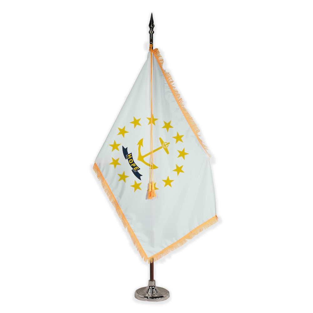 Rhode Island deluxe oak indoor flag set with gold fringe on plastic stand