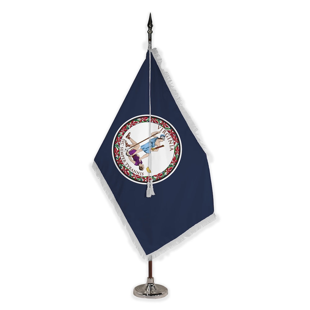 Virginia deluxe oak indoor flag set with white fringe on plastic stand
