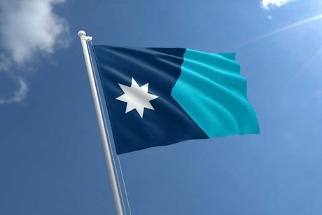 Minnesota’s new state flag design featuring a blue field, white outline of the state, a prominent North Star, and symbolic color blocks.