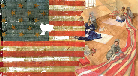 Illustration of Grace Wisher sewing the Star-Spangled Banner Flag, depicting the young African American apprentice contributing to the historic U.S. flag.