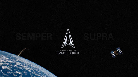 United States Space Force emblem with silver delta symbol, central star, and black background representing space.