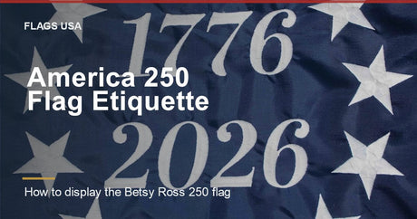 America 250 flag etiquette — 1776 to 2026 on a blue background with white stars resembling the American flag