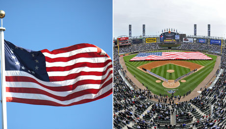 A 13-star Betsy Ross flag beside a modern 50-star American flag, representing America's 250th anniversary in 2026
