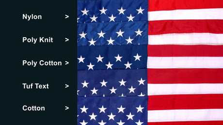 Labeled comparison image showing Nylon, Poly Knit, Poly Cotton, Tuf Text, and Cotton American flag fabrics laid out side by side