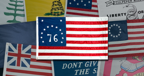 Betsy Ross, Gadsden, and Don't Give Up the Ship historical American flags layered on a navy background