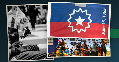 Juneteenth flag with its white star and bursting outline displayed beside celebration photos of a parade flag and live drummers