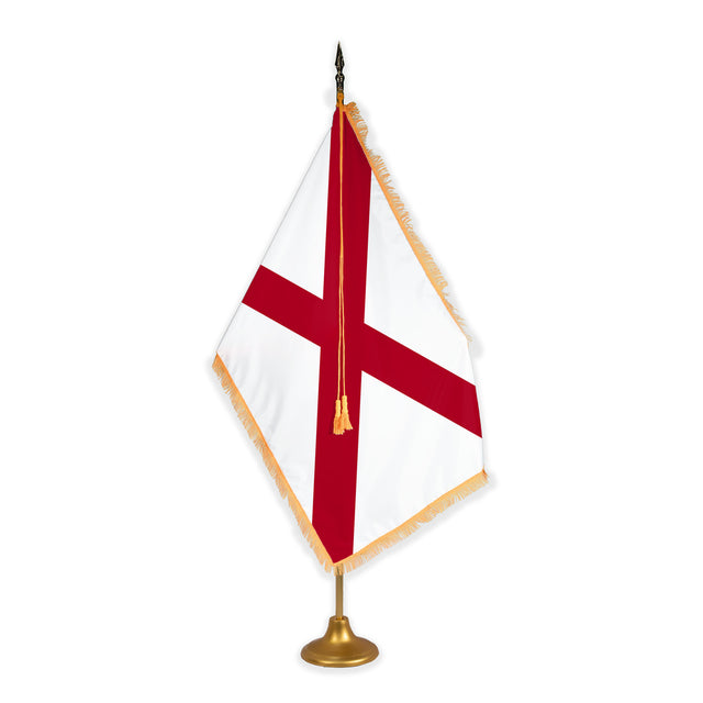 Alabama adjustable indoor flag set with gold fringe on metal stand
