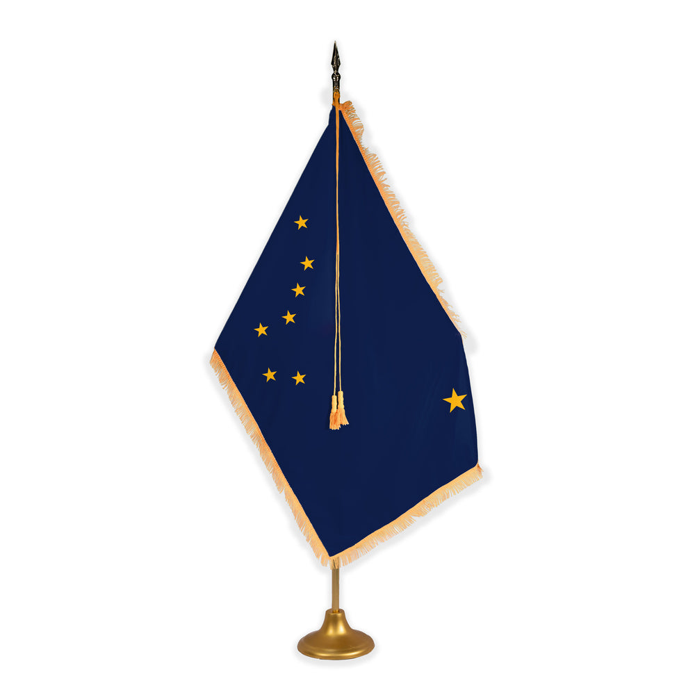 Alaska adjustable indoor flag set with gold fringe on metal stand