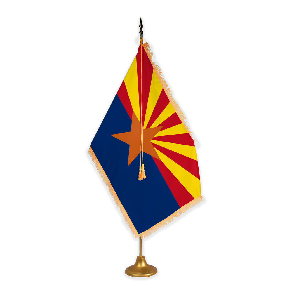 Arizona adjustable indoor flag set with gold fringe on metal stand