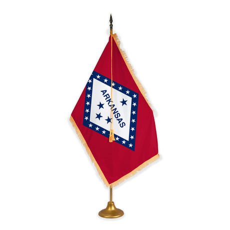 Arkansas adjustable indoor flag set with gold fringe on metal stand