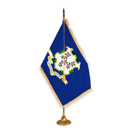 Connecticut adjustable indoor flag set with gold fringe on metal stand