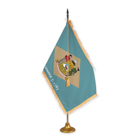 Delaware adjustable indoor flag set with gold fringe on metal stand