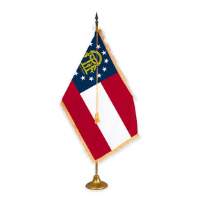Georgia adjustable indoor flag set with gold fringe on metal stand