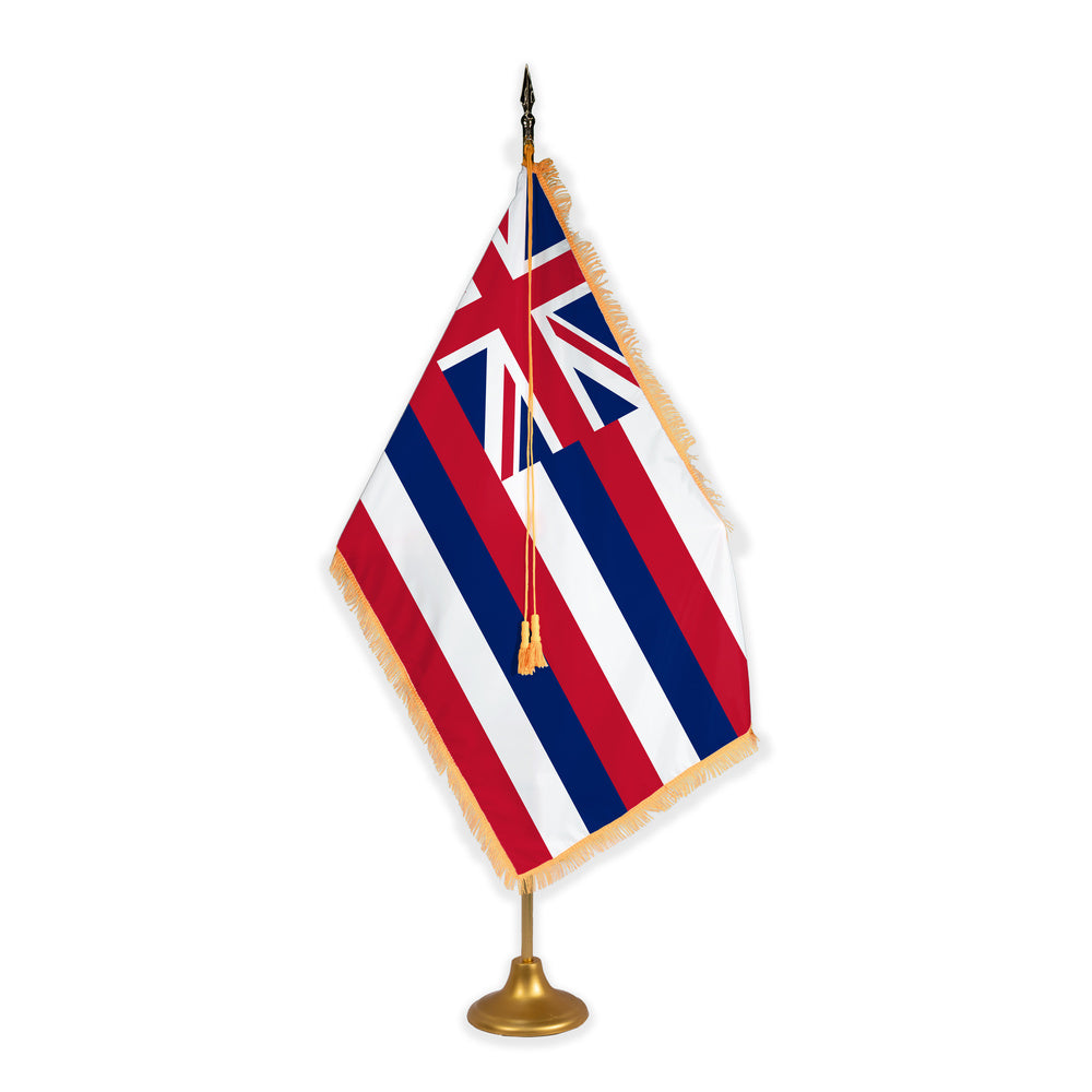 Hawaii adjustable indoor flag set with gold fringe on metal stand