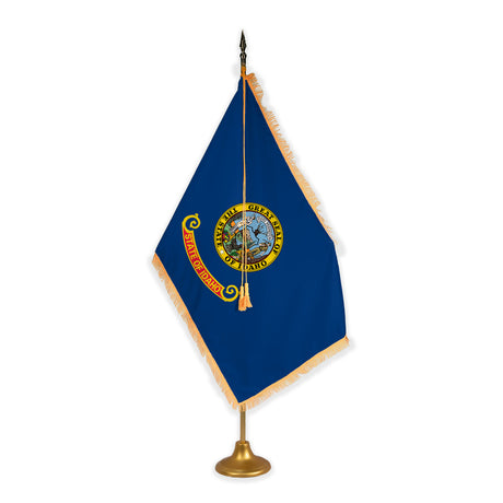 Idaho adjustable indoor flag set with gold fringe on metal stand