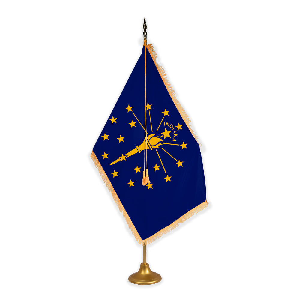 Indiana adjustable indoor flag set with gold fringe on metal stand