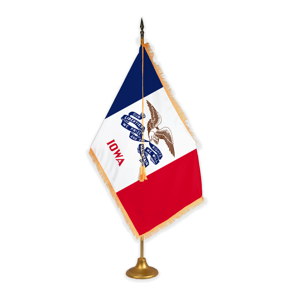 Iowa adjustable indoor flag set with gold fringe on metal stand
