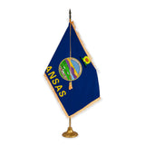 Kansas adjustable indoor flag set with gold fringe on metal stand