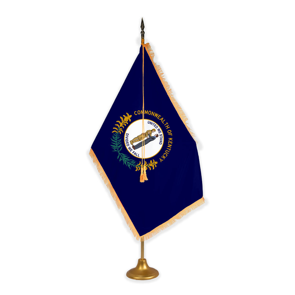 Kentucky adjustable indoor flag set with gold fringe on metal stand