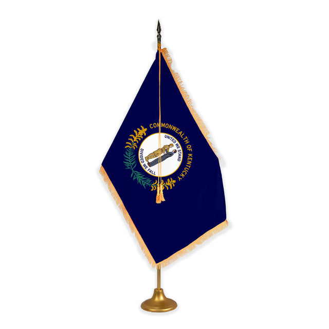 Kentucky adjustable indoor flag set with gold fringe on metal stand