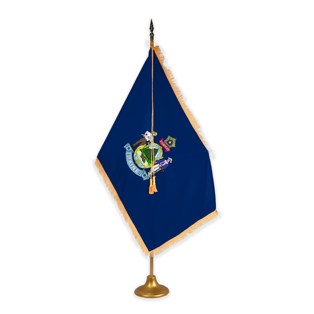 Maine adjustable indoor flag set with gold fringe on metal stand