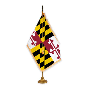 Maryland adjustable indoor flag set with gold fringe on metal stand