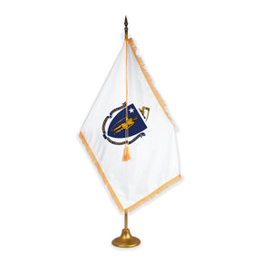 Massachusetts adjustable indoor flag set with gold fringe on metal stand