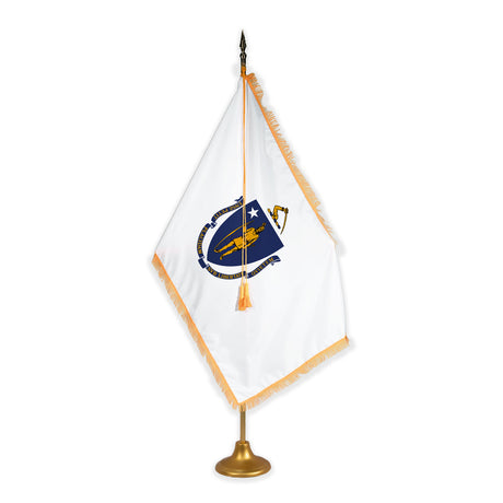 Massachusetts adjustable indoor flag set with gold fringe on metal stand