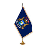 Michigan adjustable indoor flag set with gold fringe on metal stand