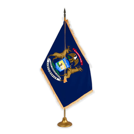 Michigan adjustable indoor flag set with gold fringe on metal stand