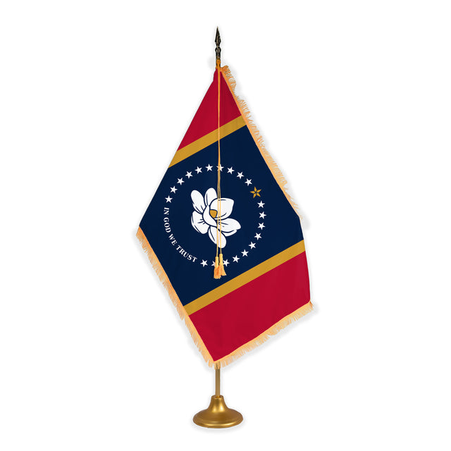 Mississippi adjustable indoor flag set with gold fringe on metal stand
