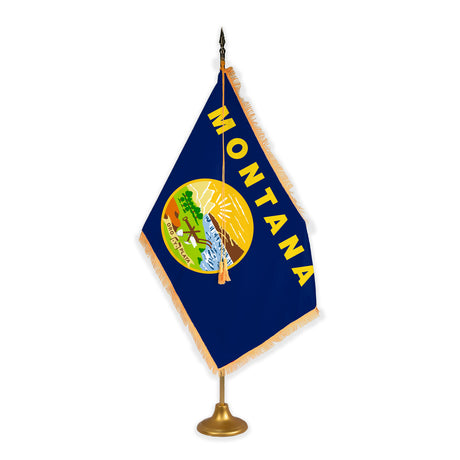 Montana adjustable indoor flag set with gold fringe on metal stand