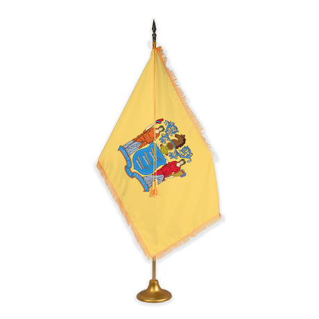 New Jersey adjustable indoor flag set with gold fringe on metal stand