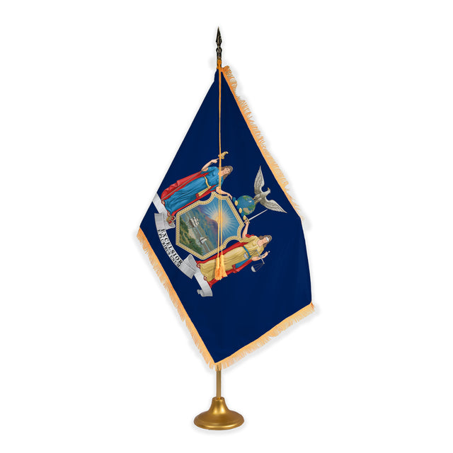 New York adjustable indoor flag set with gold fringe on metal stand