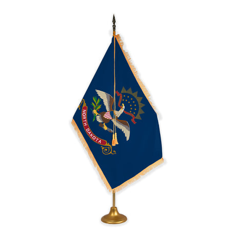 North Dakota adjustable indoor flag set with gold fringe on metal stand