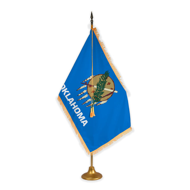 Oklahoma adjustable indoor flag set with gold fringe on metal stand
