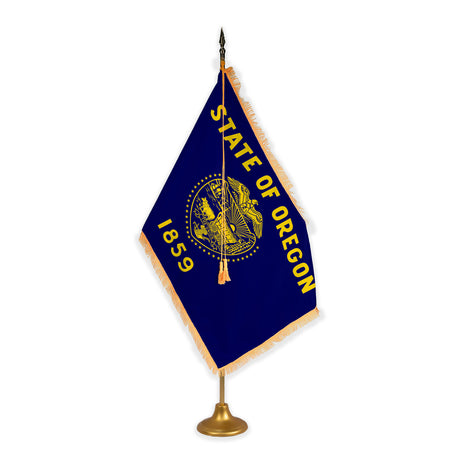 Oregon adjustable indoor flag set with gold fringe on metal stand
