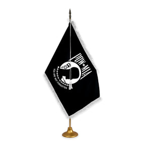 POW/MIA adjustable indoor flag set with white fringe on metal stand