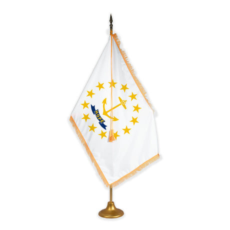 Rhode Island adjustable indoor flag set with gold fringe on metal stand