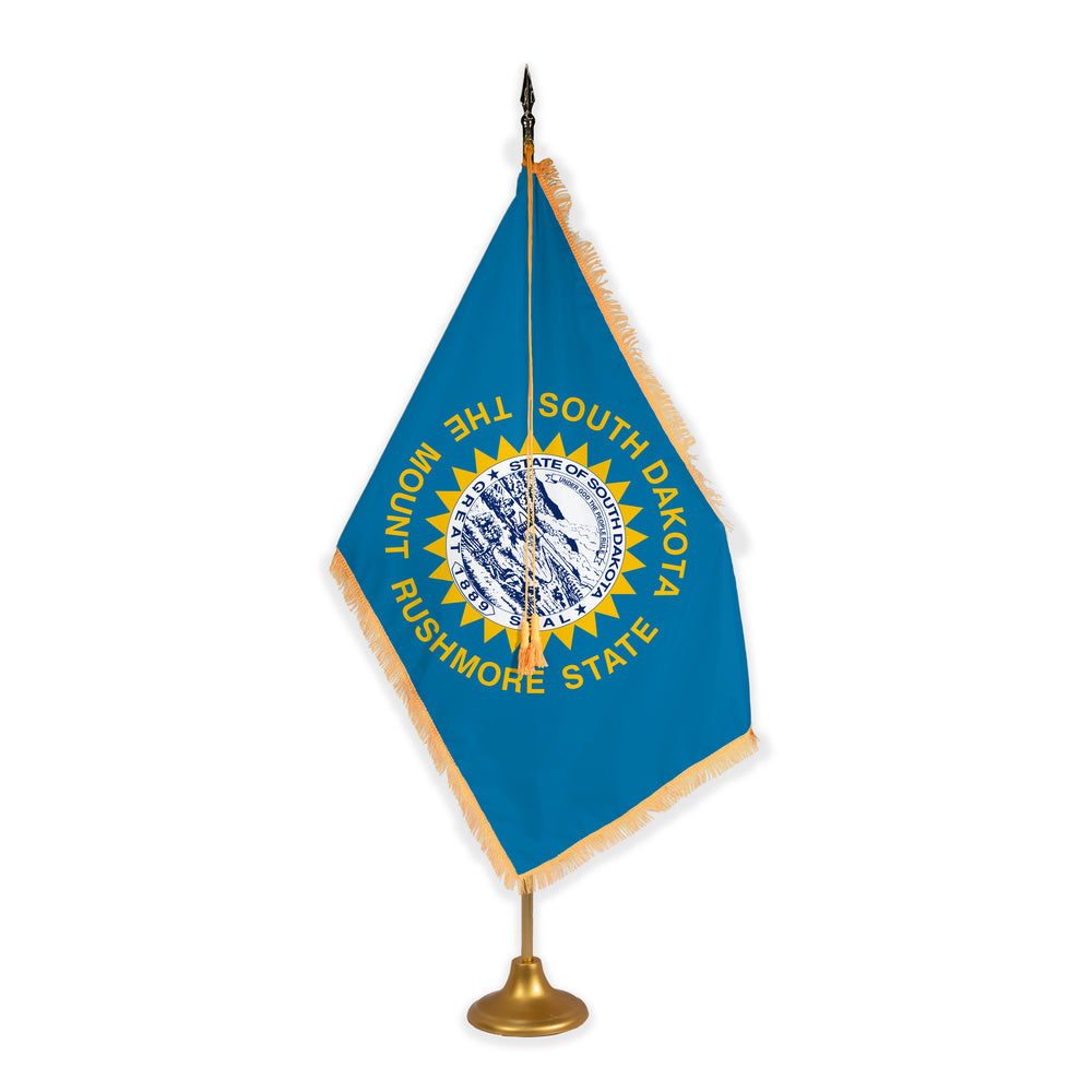 South Dakota adjustable indoor flag set with gold fringe on metal stand