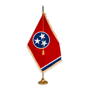 Tennessee adjustable indoor flag set with gold fringe on metal stand