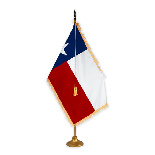 Texas adjustable indoor flag set with gold fringe on metal stand