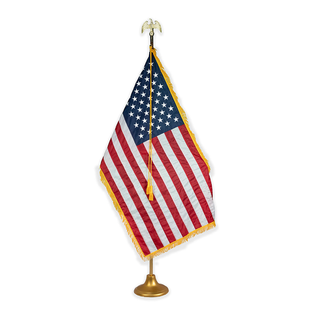 American flag adjustable indoor flag set with gold fringe on metal stand